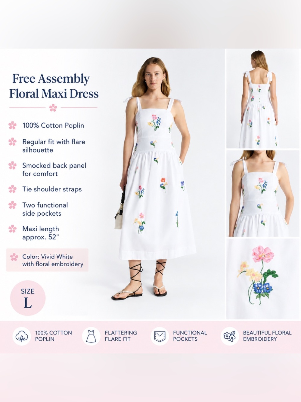 Free Assembly White Floral Embroidered Maxi Dress